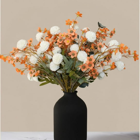 Artificial White Kiku and Orange Wax Flowers, Long-Stem Silk Floral Arrangements for Vases, Spring Home Decor Centerpieces, Rustic Table Decorations