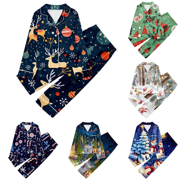 Pandaie Girls Satin Christmas Pajamas Set Kids Button Down Long Sleeve Silk Sleepwear Toddler Loungewear Tops and Pants Outfits Blue 3-4T