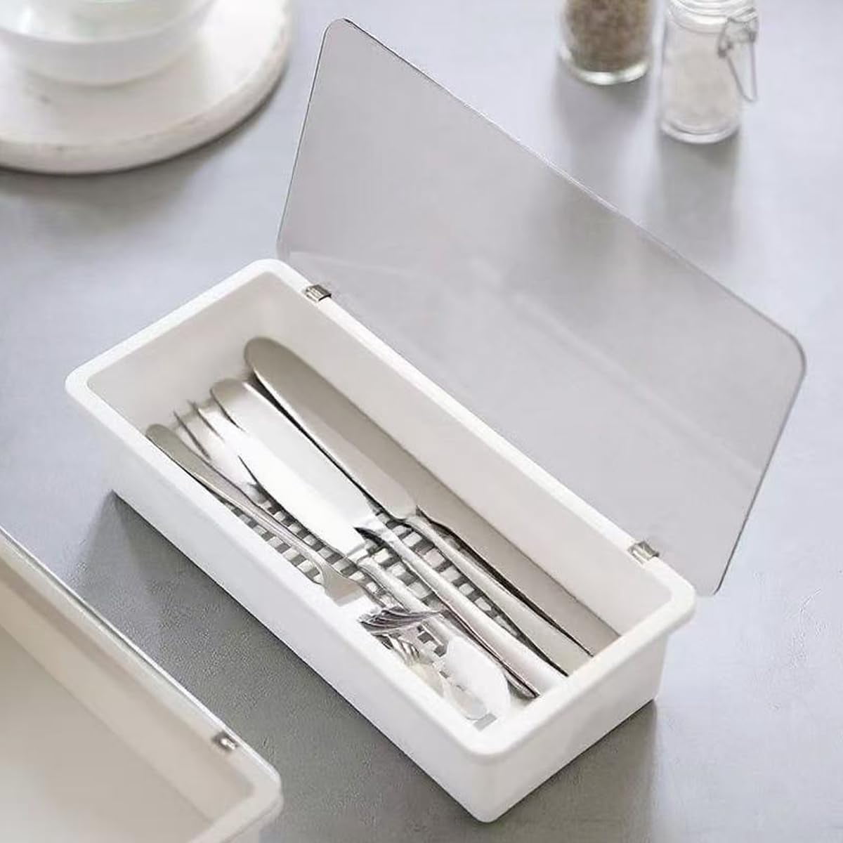 White Flatware Tray Kitchen Drawer Organizer With Lid And Drainer - Plastic Kitchen Cutlery Tray and Utensil Storage Container with Cover - 11.0 Inch Silverware Holder Drawer Organizer.