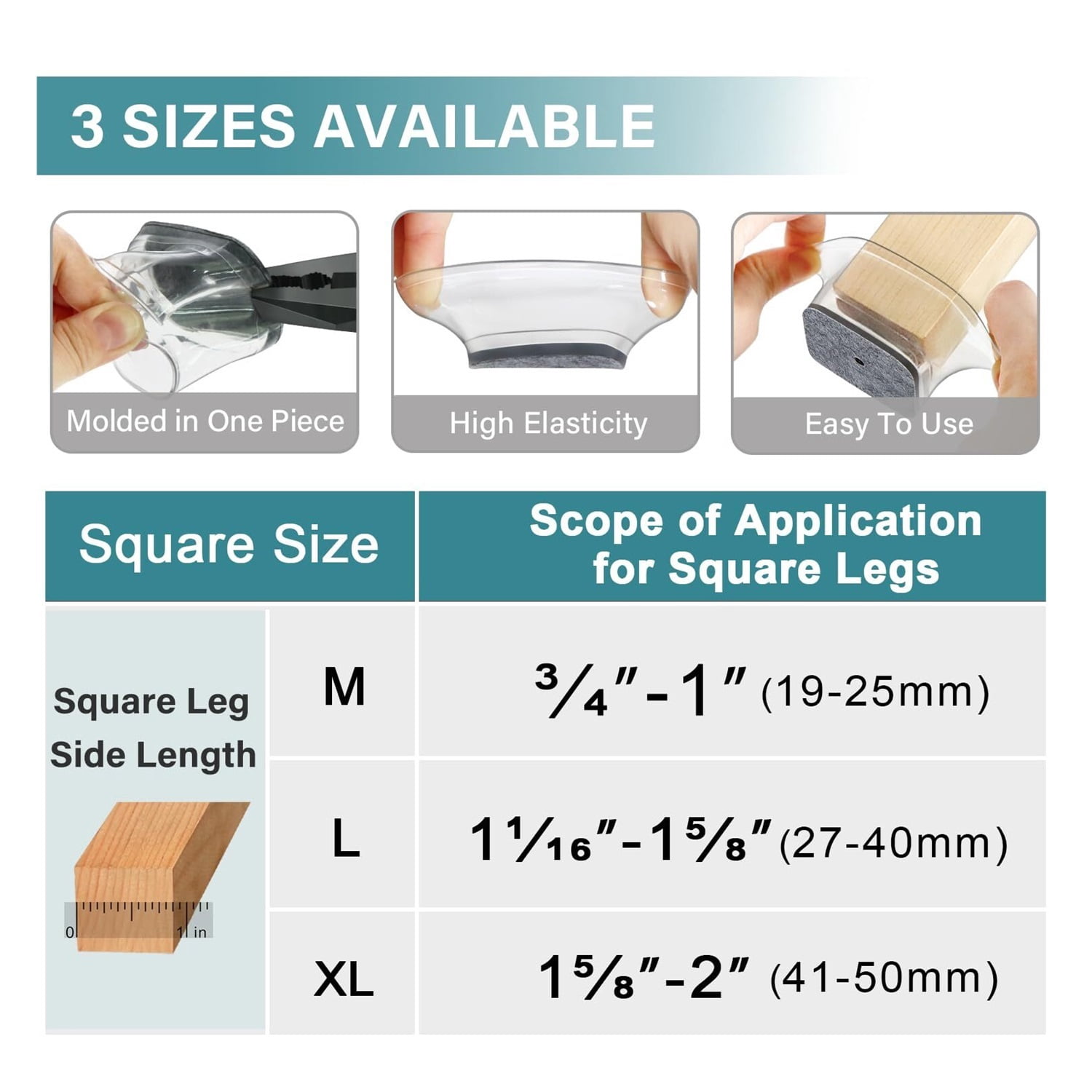 24 Pcs Chair Leg Floor Protectors Square, Silicone Felt Furniture Leg Pads Caps Covers for Hardwood Floors (Fit:1-5/8" to 2")