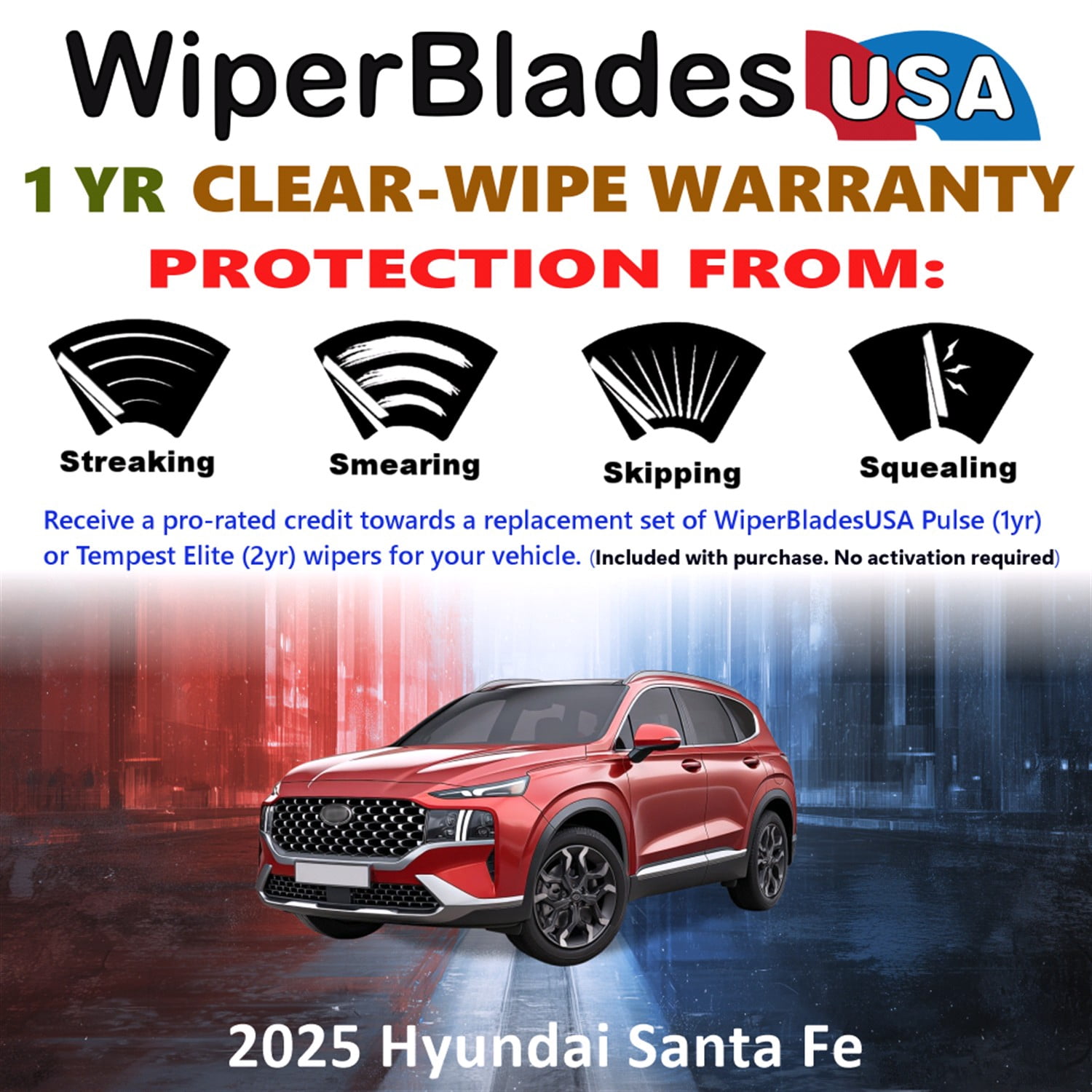 2025 Hyundai Santa Fe Beam Wiper Blades Wipers w/1yr Warranty (Set of 2) (WiperBladesUSA)
