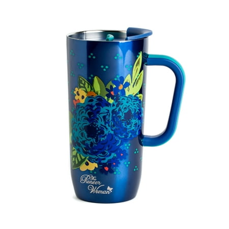 The Pioneer Woman Frontier 20 Ounce Stainless Steel Double Wall Vacuum Insulated Blue Travel Mug with Handle and (Best Insulated Mug With Handle)