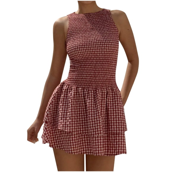Womens Smocked Checkered Dress Sleeveless Puff Skirt 2026 Summer Dresses for Women Gingham Round Neck Casual Babydoll Sundress Tiered