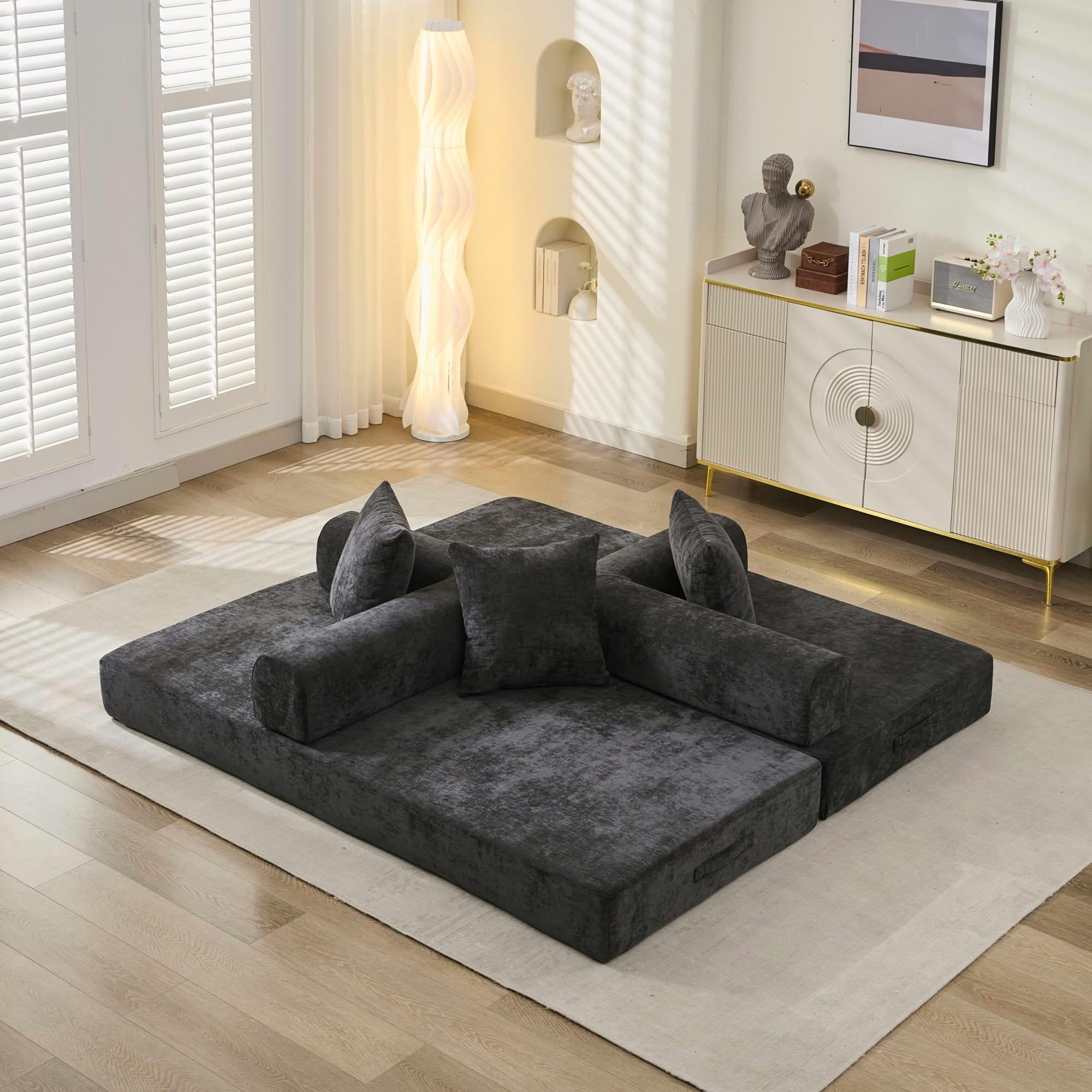 MAYEERTY 78.8" Black Chenille Convertible Floor Sofa Bed, No Assembly Modular Couch with Pillows for Living Room Studio