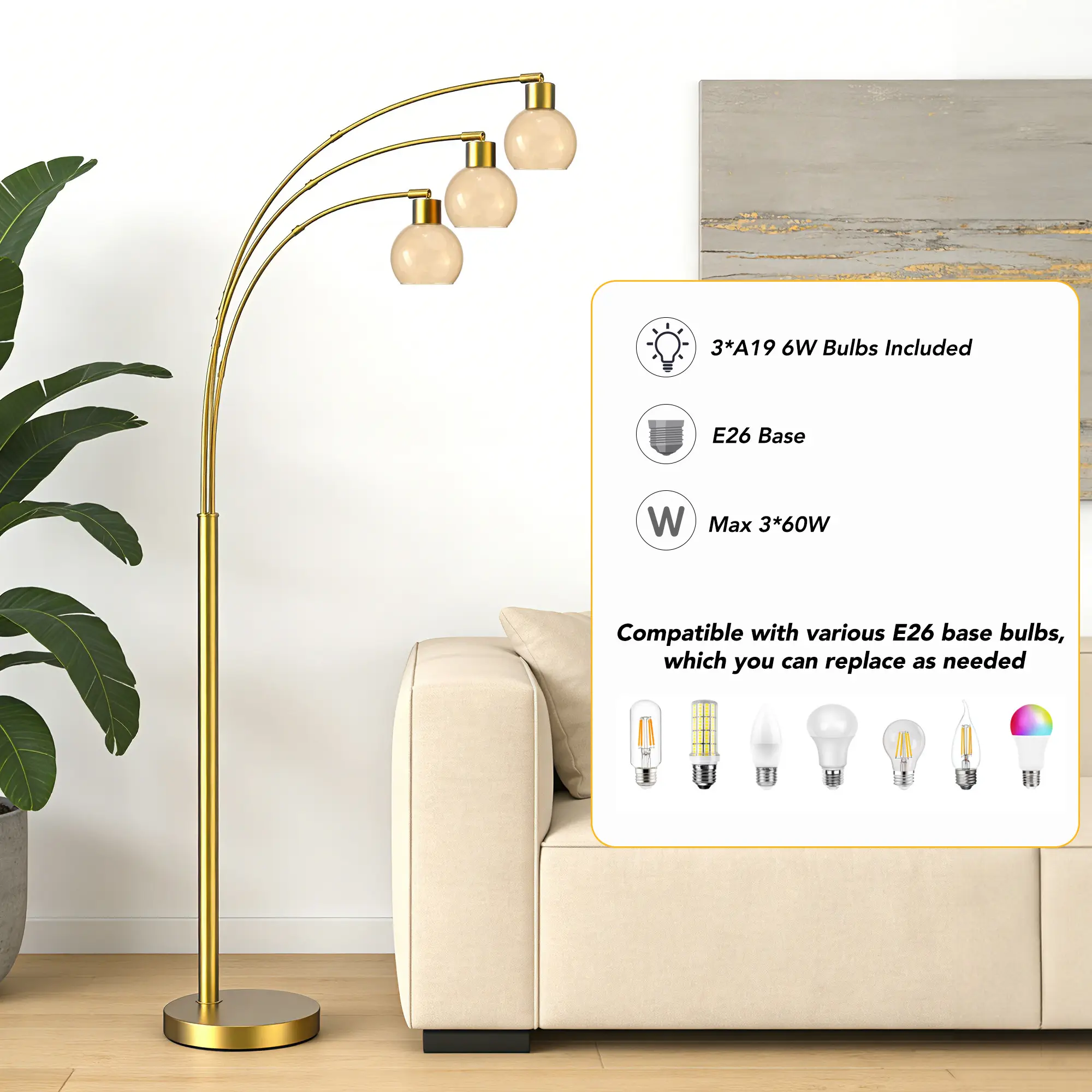 72.8in 3-Light Arc Floor Lamp Brushed Gold , Modern Industrial Standing Tree Lamp for Living Room Bedroom Office Decor