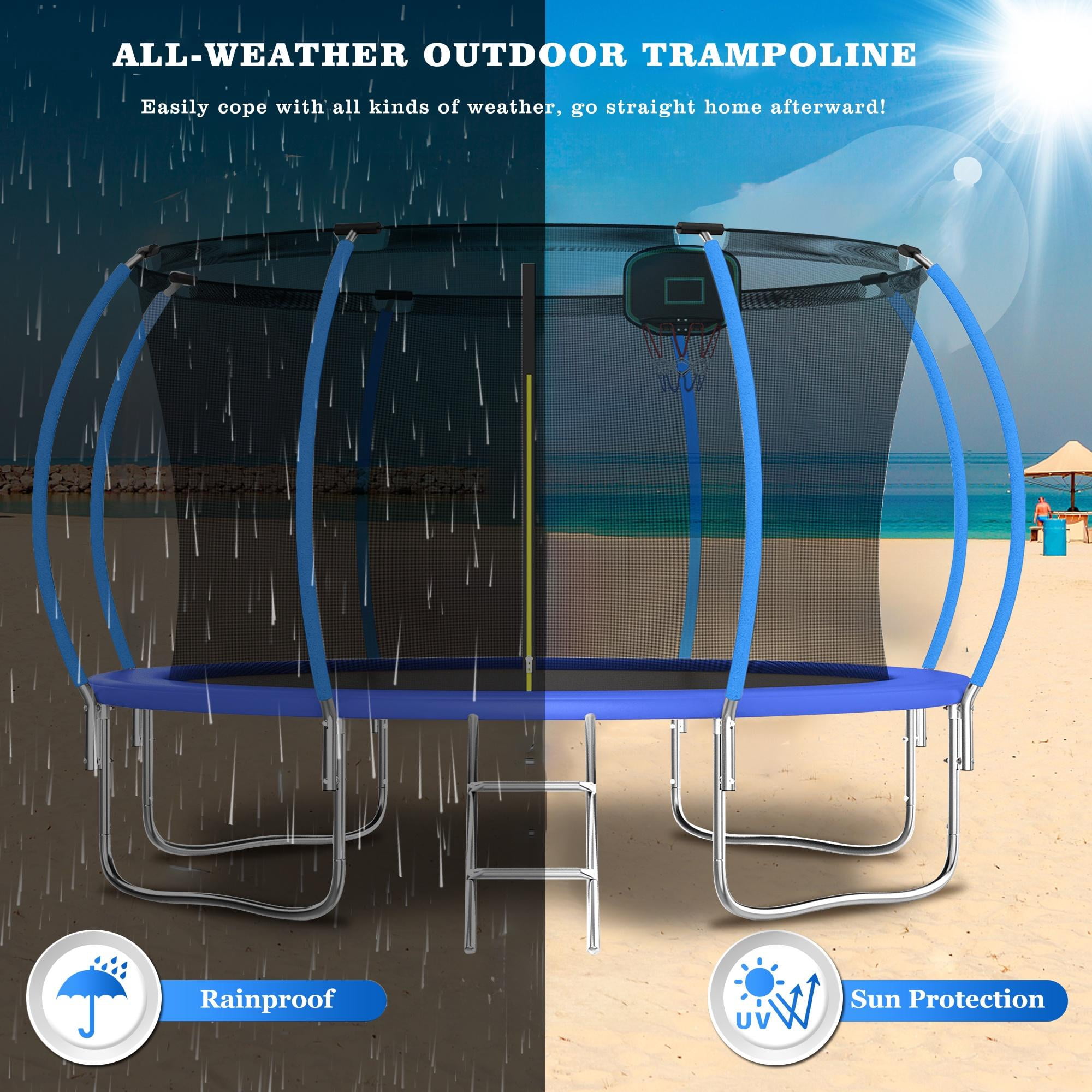 144IN Trampoline for Kids, Seizeen Outdoor Trampolines with Enclosure, 2-IN-1 Large Trampoline with Basketball Hoop, Round Trampoline Anti-collision Curved Design for Backyard Play, Blue
