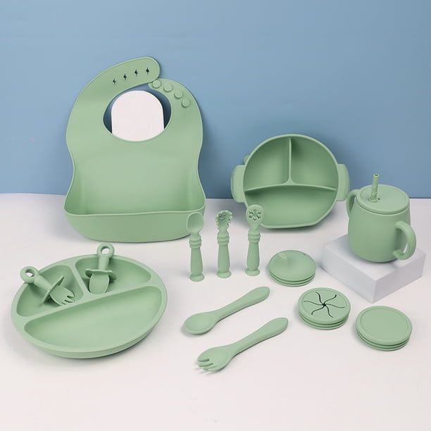 Juego de vajilla de silicona para niños, vajilla complementaria para alimentación de bebés, pantuflas, cuencos, cucharas, platos de cena y baberos, juego de 15 piezas