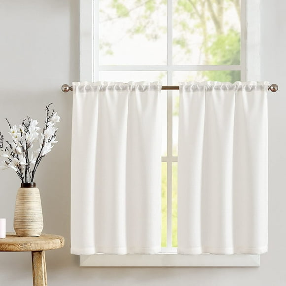 Curtainking Cream White Kitchen Curtains 36 inch Linen Textured Cafe Curtains for Bathroom Farmhouse Light Filtering Tier Curtains Rod Pocket 2 Panels