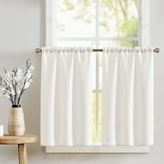 CURTAINKING White Kitchen Curtains 24 inch Linen Textured Cafe Curtains for Bathroom Farmhouse Light Filtering Tier Curtains Rod Pocket 2 Panels