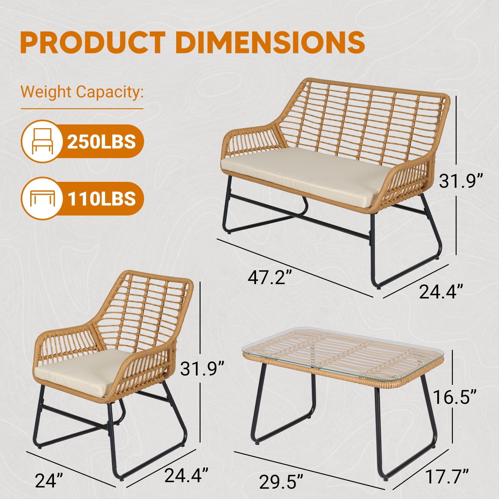 Tappio 4-Piece Rattan Patio Furniture Set, Outdoor Wicker Conversation Set with Tempered Glass Table, Beige