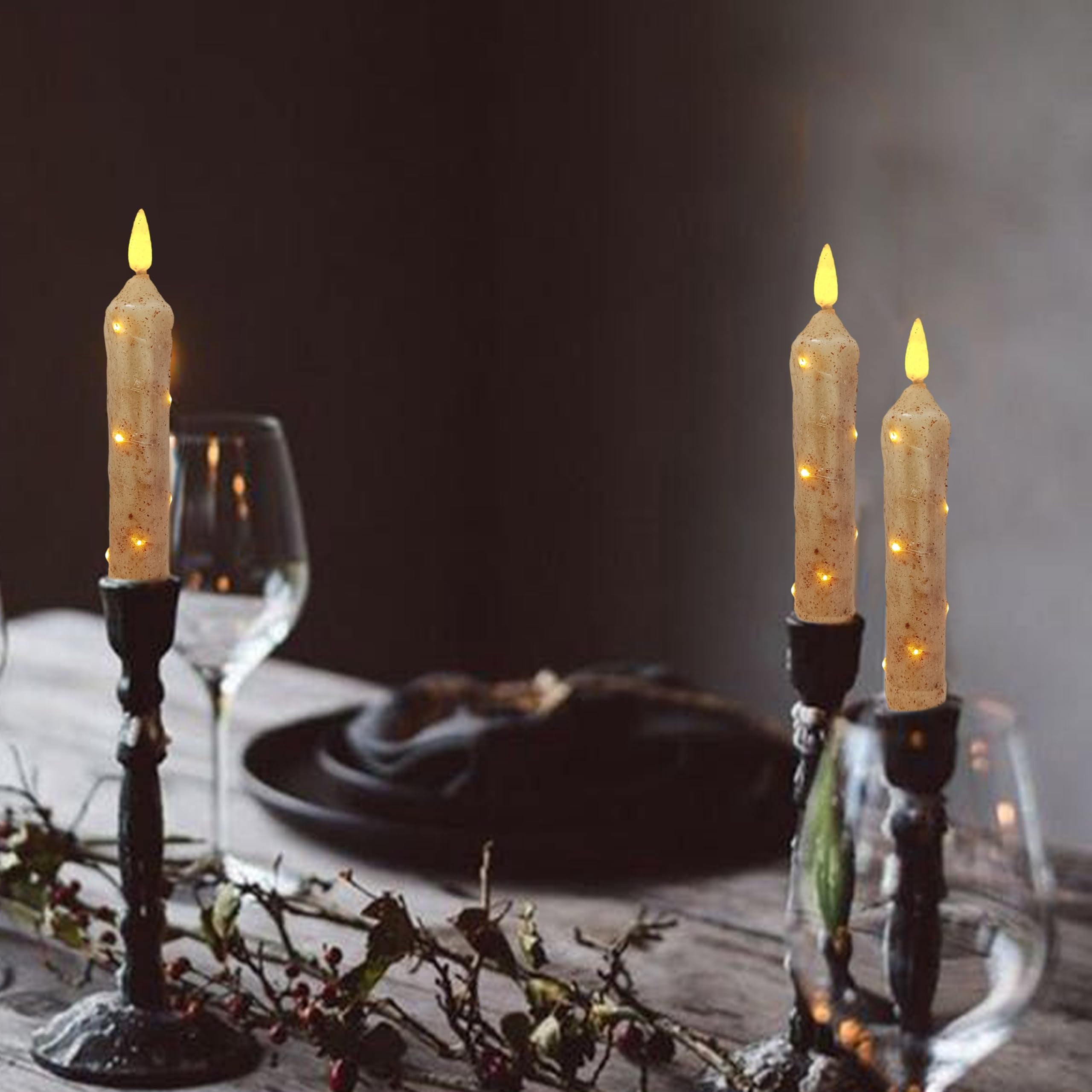 FCMSHAMD 6.5 Inches Primitive Real Wax LED Short Flameless Candles Hand Dipped Battery Operated Taper Candle with Timer Remote for Vintage Rustic Home Decor