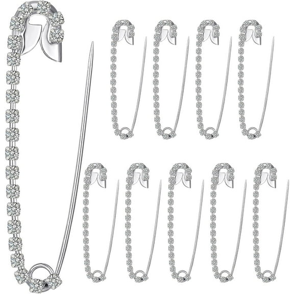 10Pcs Silver Tone Rhinestone Safety Pins Brooches 5.8x1.2cm