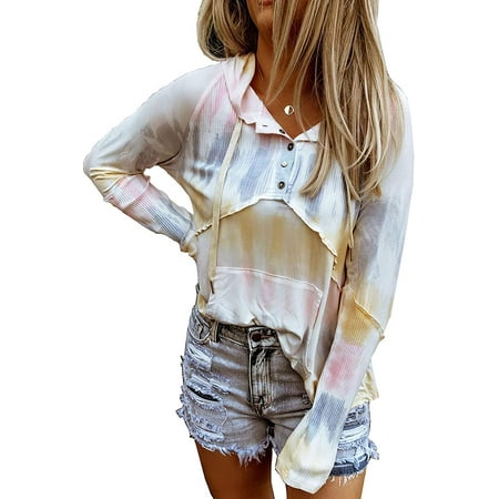 

PIKADINGNIS Womens Tie-dye Gradient Drawstring Hoodie Pullover T-Shirt Buttons Sweatshirt Long Sleeve Sweatshirts for Women with Pockets