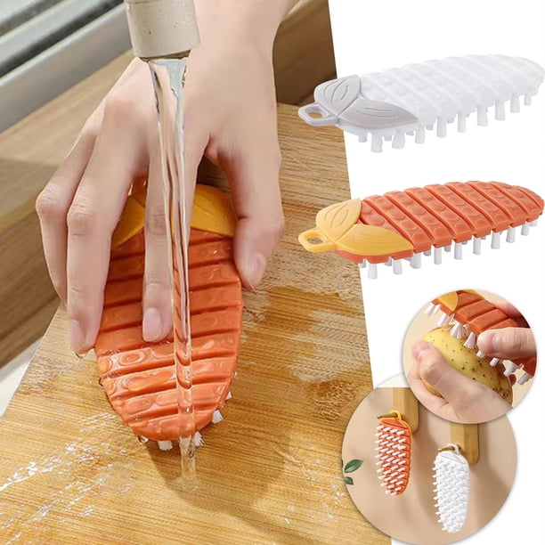 Cepillo de limpieza flexible multifuncional para frutas y verduras - Cepillo de cocina de plástico naranja y blanco para ollas, cuencos y fregaderos