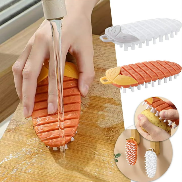 Cepillo de limpieza flexible multifuncional para frutas y verduras - Cepillo de cocina de plástico naranja y blanco para ollas, cuencos y fregaderos