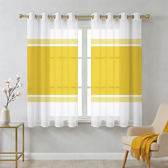 Yellow Stripes Sheer Curtains 39 Inch Long 2 Panels, Light Filtering Semi Sheer Drapes Grommet Voile Window Curtain for Living Bedroom W27.9 x L39