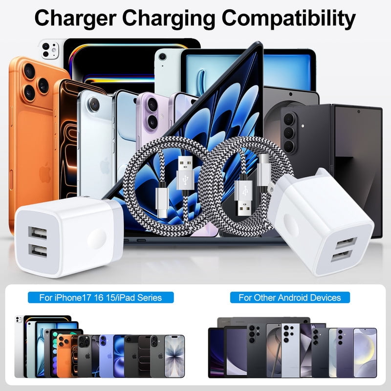 Foldable Plug Dual USB Port Wall Charger Block 2.4A with 6FT Type C Cable, Fast Phone Charger Station Compatible with iPhone 17/16/15 Pro Max, iPad Pro, Galaxy S26, Android, White