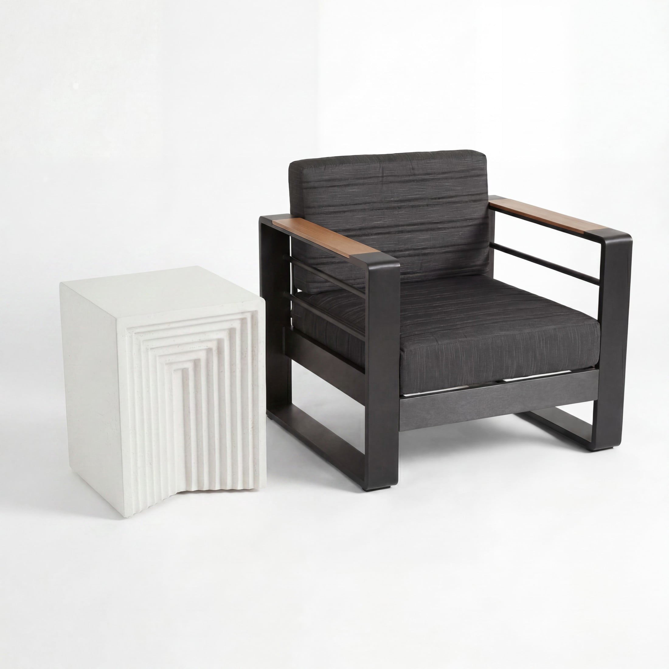 Christopher Knight Home 2-Piece Modern Patio Chat Set, Aluminum Club Chairs & Side Table, Black+White