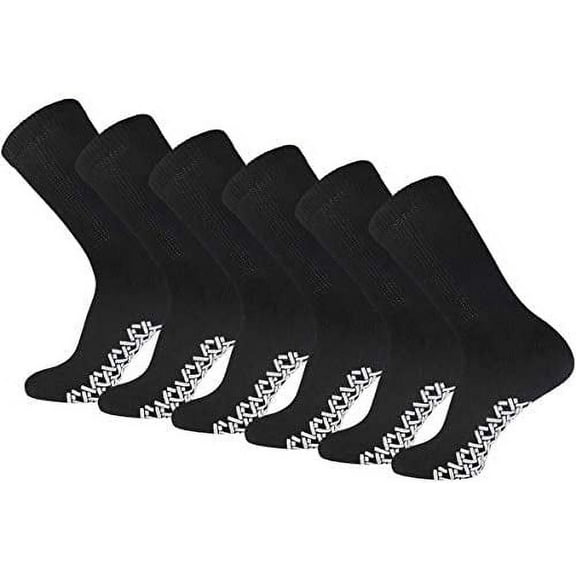 Men's Women Diabetic Loose Top Therapeutic Anti Slip Non Skid Gripper Soft Cotton Full Cushioned Crew Socks (Black - 6 Pairs, Socks Size 9-11, Fit Women's Shoe Size 5-10)