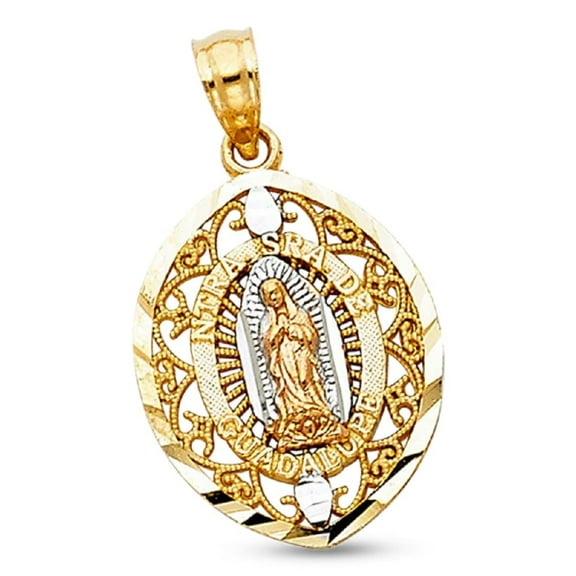 Guadalupe NTRA SRA DE Solid 14k Tri Tone Gold Virgin Mary Pendant Religious Christian Genuine Charm New 18 mm x 14 mm