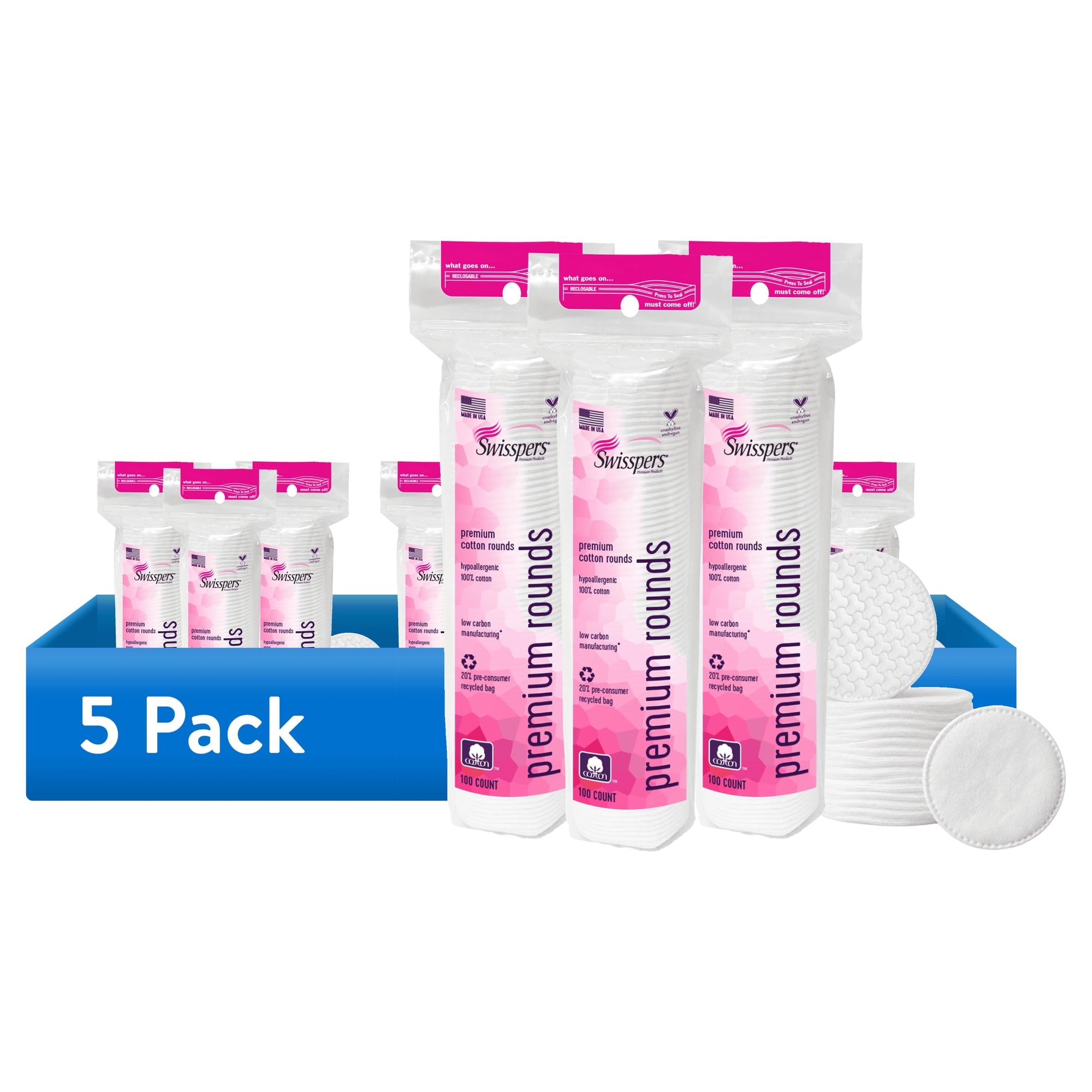 (5 pack) Swisspers Premium Cotton Rounds, 100 Pad 3-Pack (total of 300 Count)