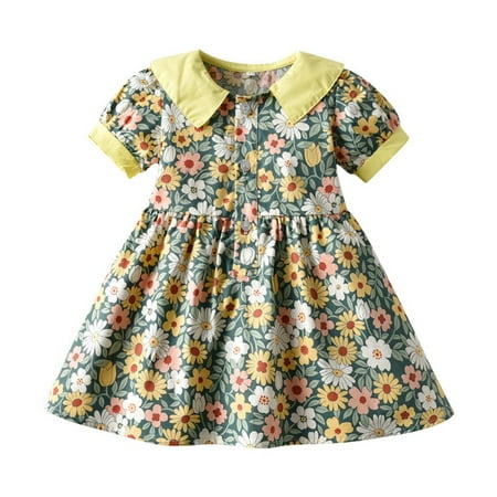 

Baozhu Toddler Girls Summer Floral Dress Short Sleeve Sundress Doll Collar Casual Dress
