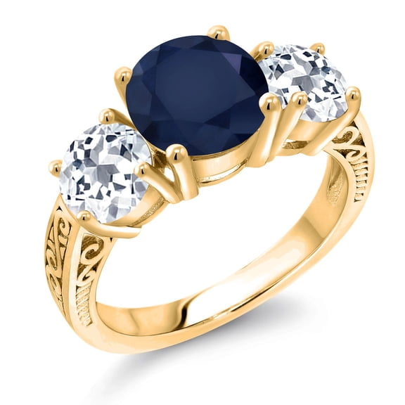 Gem Stone King 18K Yellow Gold Plated Silver Blue Sapphire and White Topaz Engagement Ring for Women | 4.26 Cttw | Round 8MM | Gemstone September Birthstone | Size 8
