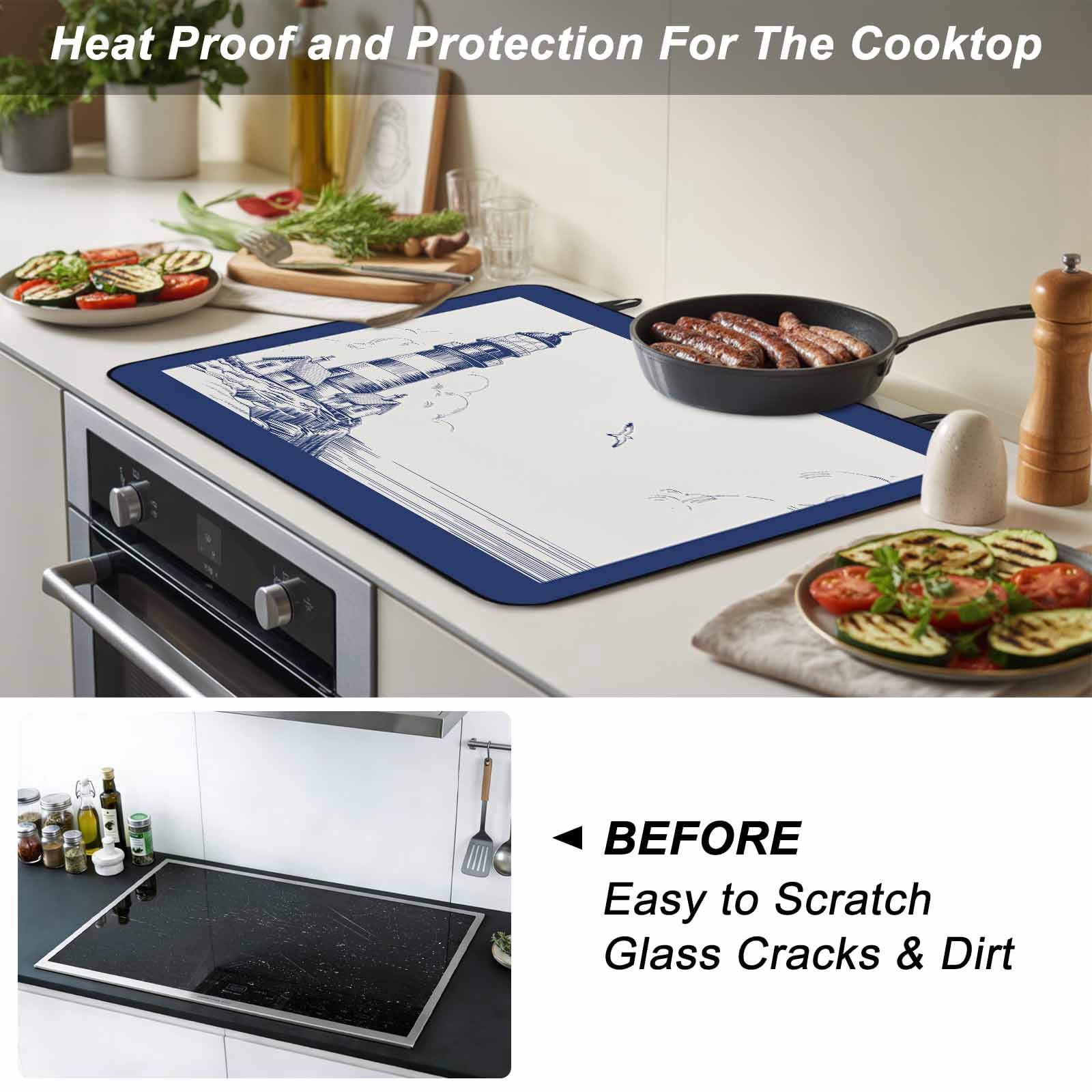 Lighthouse Stove Top Cover for Electric Stove, Heat-proof & Non Slip Glass Top Stove Cover Protector, Ocean Seagull Vintage Navy Blue Coastal Boat Kitchen Flat Cooktop Rubber Mat 36x21 Inches