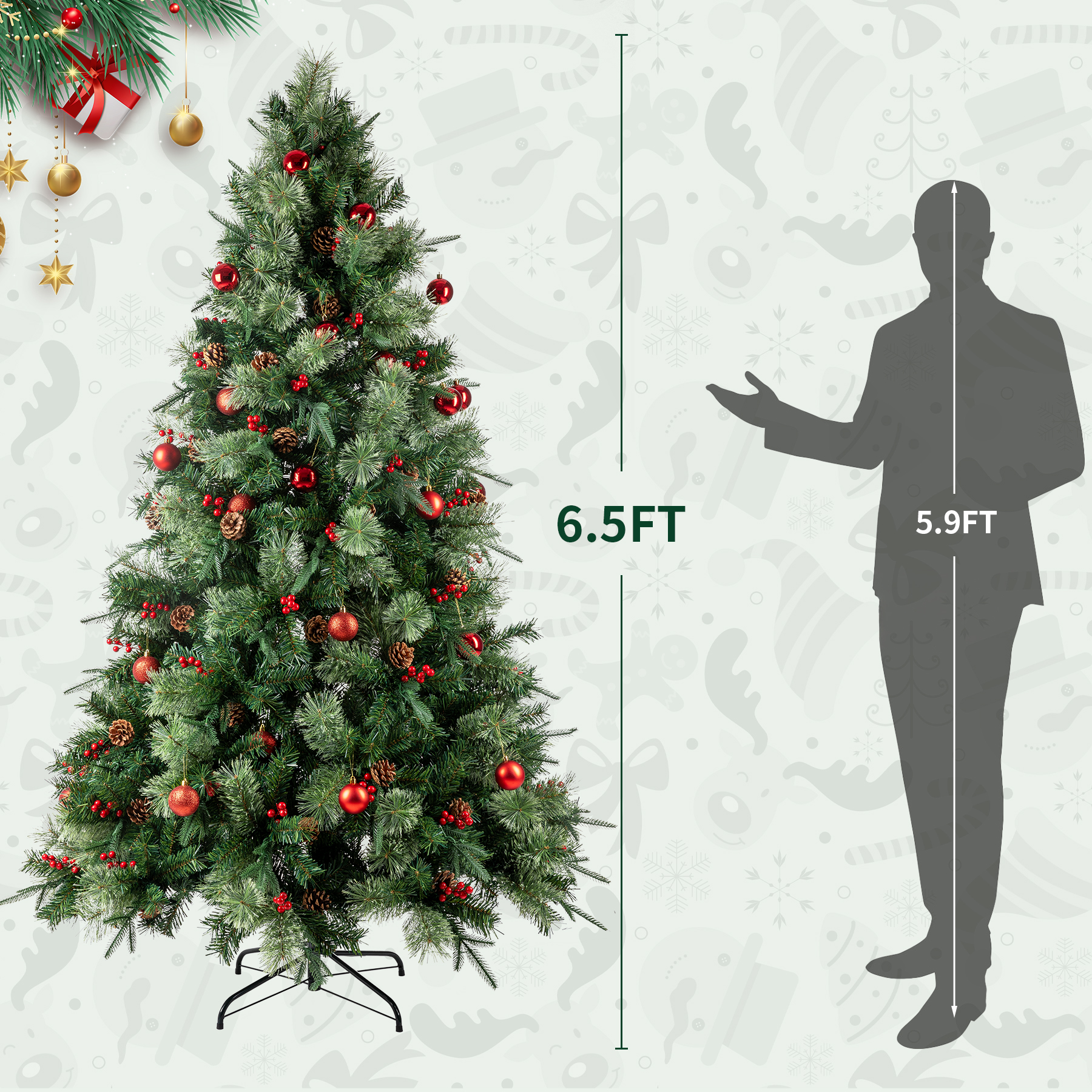 6.5FT Artificial Christmas Tree, Pre-Lit Christmas Tree with 350 LED ...