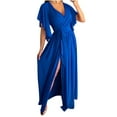thumbnail image 2 of Black Dresses for Women Wedding Guest Dresses for Women Women's Summer Sexy Solid Waist V-Neck Trumpet Short Sleeve Hem Split Dresses Floral Printed Wrap Maxi Dress Beach Formal Dress, 2 of 6