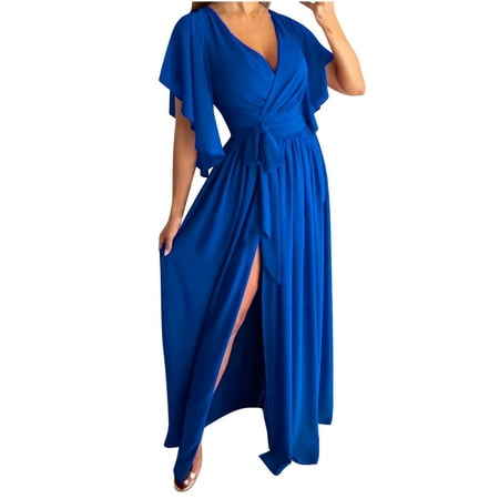 

Cold Weather Fashion Warm up for way less HTNBO Women s Formal Slit Maxi Dresses Short Ruffle Sleeve V Neck Corset Bandage Dress Fall Dresses 2022 New Deals