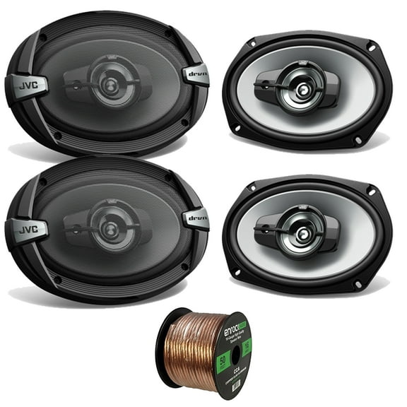 Car Speaker Bundle Combo: 2 Pairs of JVC CS-DR693 6x9" Inch 4-Way 1100 Watt Audio Coaxial Upgrade Speakers   Enrock 50 Foot 16 Gauge Speaker Wire