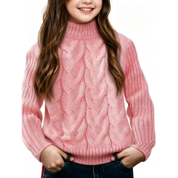 WQNVRNR Girls Fall Winter Sweater Soft Loose Mock Neck Long Sleeve Cable Knit Knit Pullover Pink 6 Years