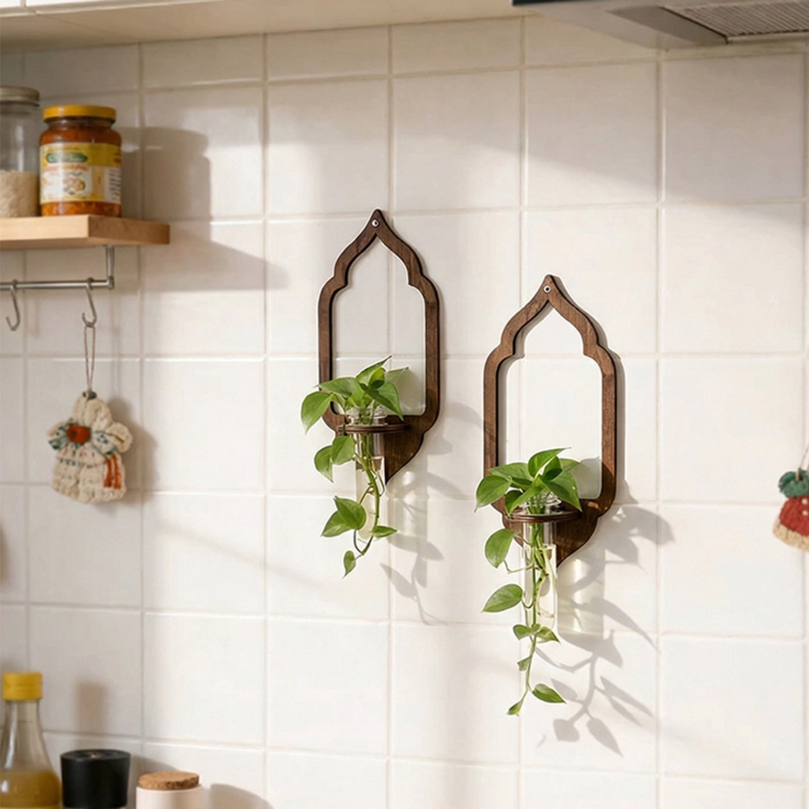 Wooden Lantern Shaped Wall Hanging Planter Propagation Station Glass Flower Vase for Hydroponics Plants, Bathroom, Home Office Living Room Decor Gift