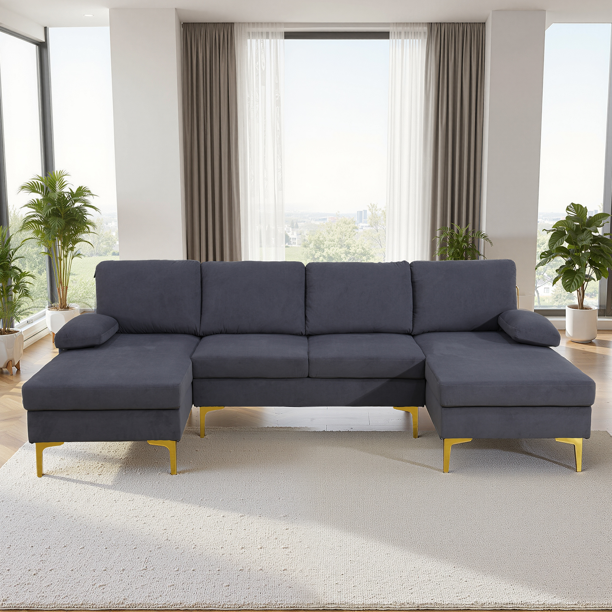MAYEERTY 99.5" U-Shaped Modular Sofa, Flannel Sectional Couch Sofa Set, Deep Grey