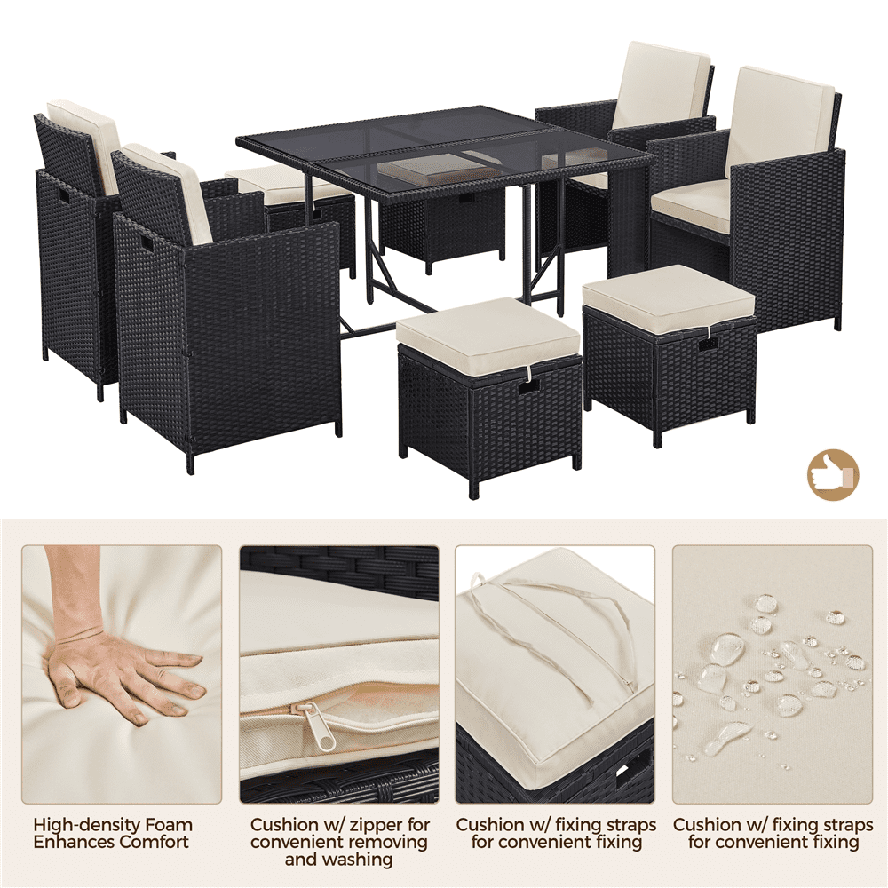 Renwick 9-Piece Patio Dining Set with Rattan Chairs, Table and Ottomans, Black/Beige