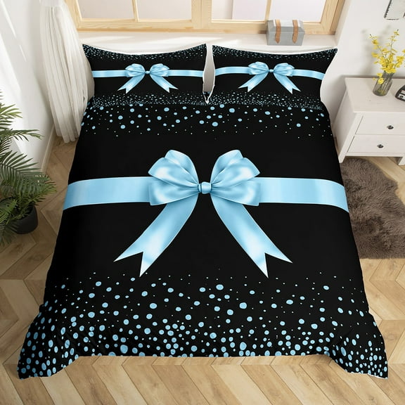 Erosebridal Cute Bowknot Comforter Cover Twin,Polka Dots Print Bedding Twin Size,Blue Black Duvet Cover Twin For Princess,Super Cozy Room Decoration Reversible,2pcs(No Comforter)