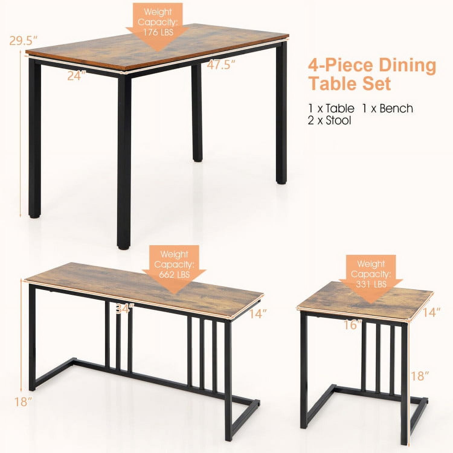 Finihen Dining Set, Dining Table Set, 4 Pieces Industrial Dining Table Set with Bench and 2 Stools, for Home, Restaurant, Brown Finihen Dining Set, Dining Table Set, 4 Pieces Industrial Dining Table Set with Bench and 2 Stools, for Home, Restaurant, Brown