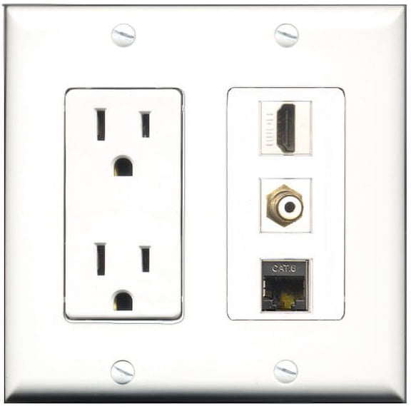 RiteAV - 15 Amp Power Outlet 1 Port HDMI 1 Port RCA White 1 Port Shielded Cat6 Ethernet Ethernet Decorative Wall Plate