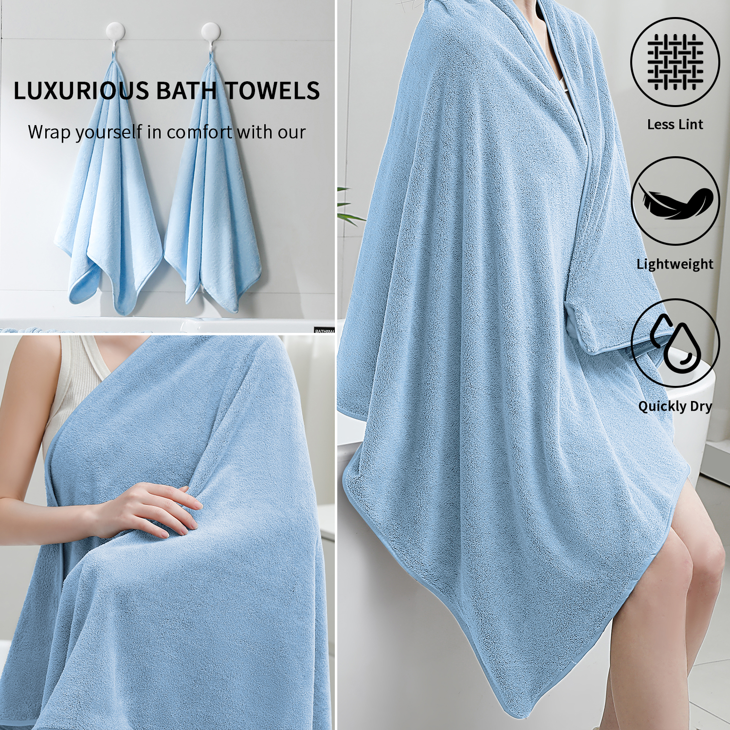 Beartech 8 Piece Bath Towels Set-2 Bath sheet,2 Hand Towel,4 Washcloths,Soft Lightweight Family Towel Highly Absorbent Microfiber Towel Quickly Dry & Less Lint Shower towel for Bathroom-Blue