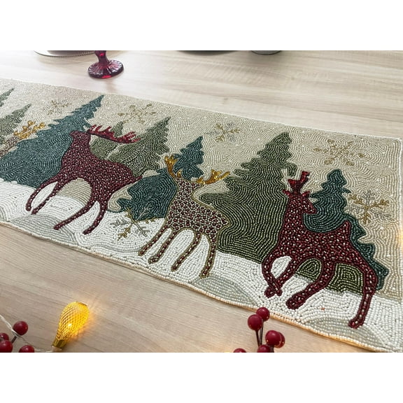 Christmas beaded runner, handmade bead table runner, reindeer, 13x36inch