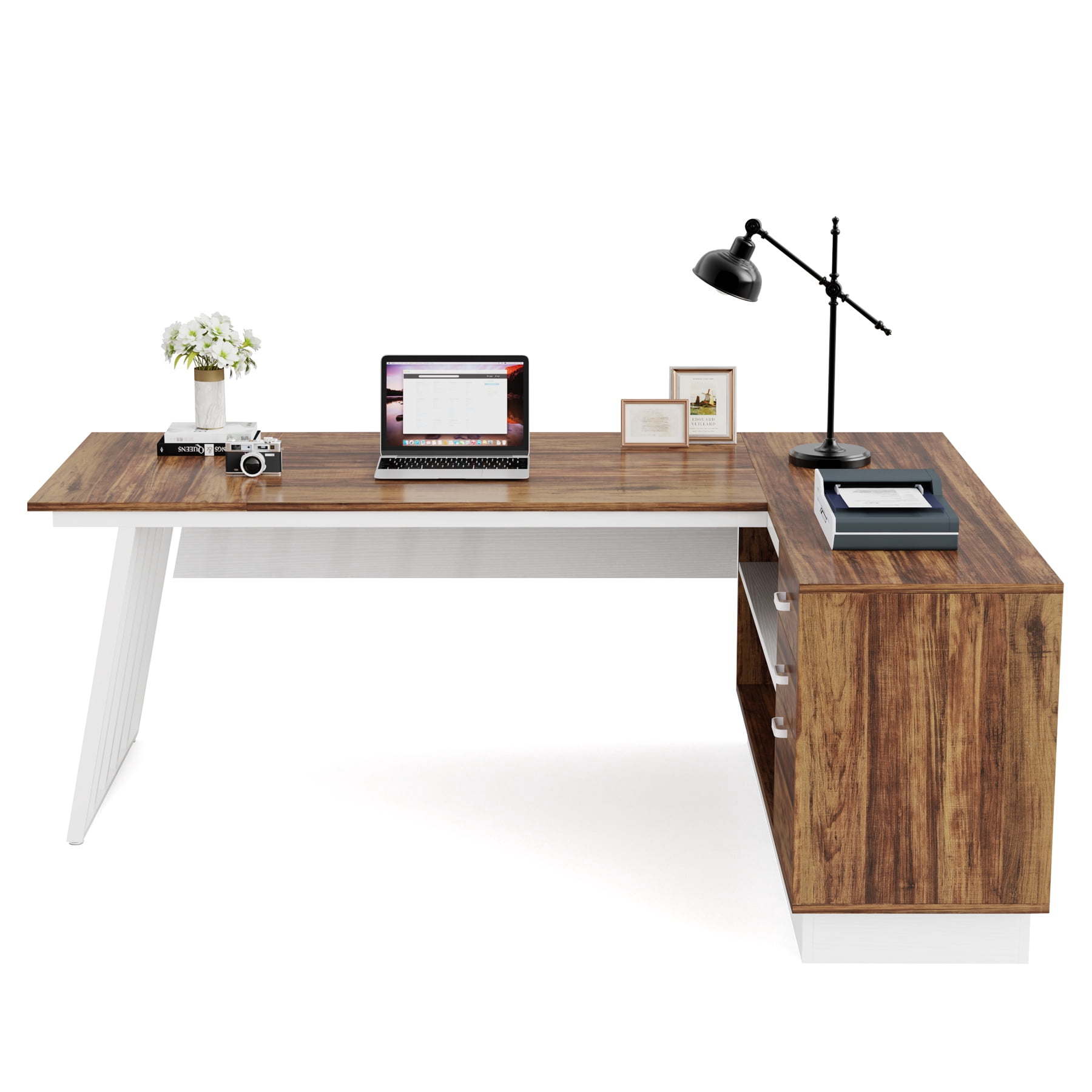 Fnova 71" L-Shaped Executive Desk with Storage Drawers and Open Shelves, Industrial Office Desk Writing Desk with File Cabinet, Spacious Corner Computer Desk for Home Office