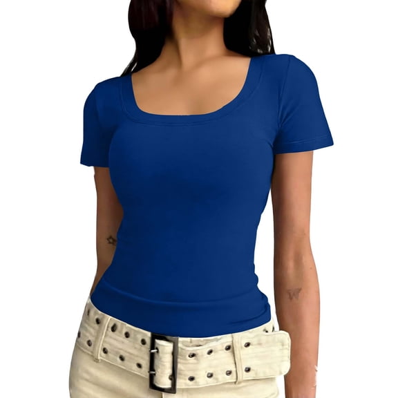 Vmvidoty Women's Scoop Neck Ribbed Fitted Shirt Basic Short Sleeves Summer T Shirt Tops Blue M