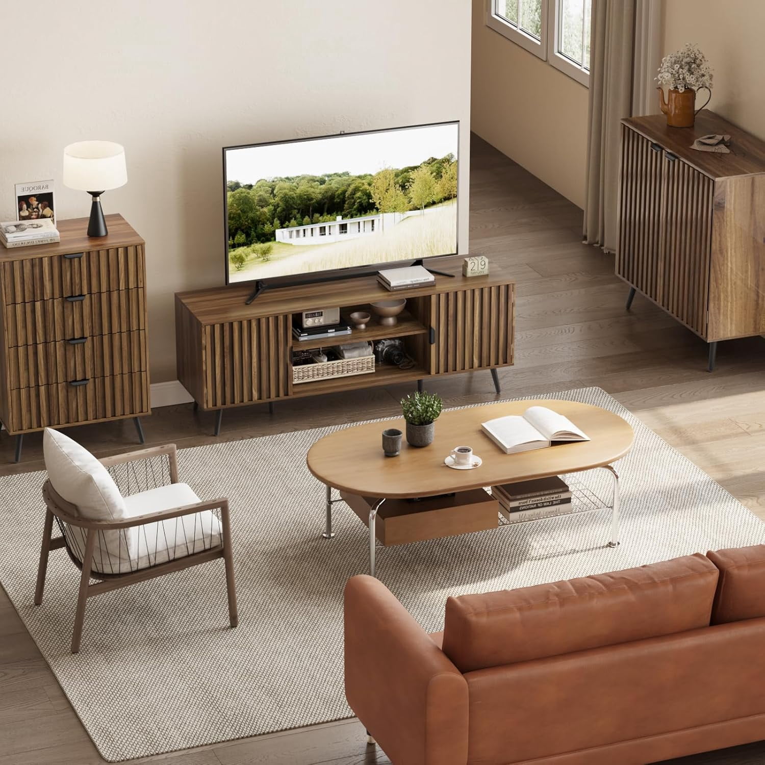 Smart FENDEE Mid Century TV Stands with Storage Entertainment Center for 70" TV,Living Room,Walnut