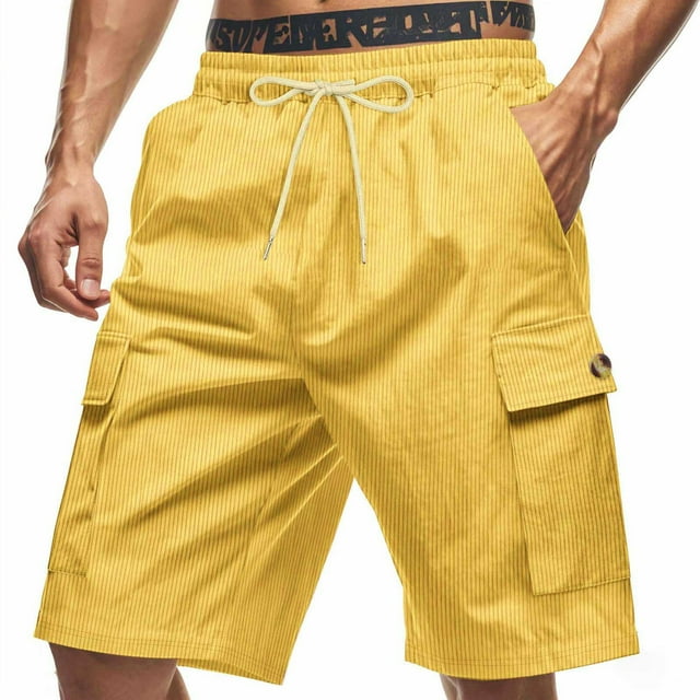 Mens Shorts Elastic Waist with Pockets Versatile Solid Color Multiple Pockets Drawstring, Casual Summer Shorts