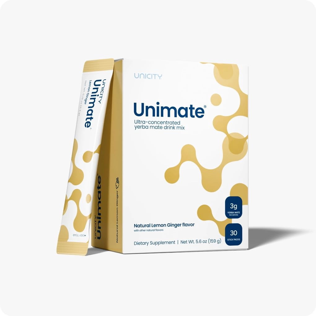 Unicity Unimate Ginger Drink Mix 2 Box Pack with Bottle, 60 Sachets Total, Instant Ginger Beverage Powder, Reusable Mixing Bottle Included, Low Calorie Daily Drink Mix for Men & Women