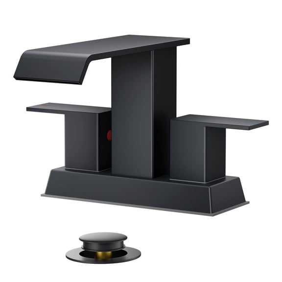 TVOFEK Waterfall Bathroom Faucet, 4 inch Black Water Faucet for Sink 3 or 2 Hole with Metal Pop up Drain, Stainless Steel Faucet for Vanity RV