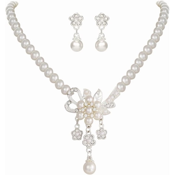 1920s Gatsby Pearl Jewelry Set Silver Bridal Wedding Rhinestone Necklace Earrings Set Crystal Bridesmaids Jewelry Accessories for Women and Brides