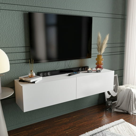 Poling Modern Wood Floating TV Stand for 70" TVs, White Veneer