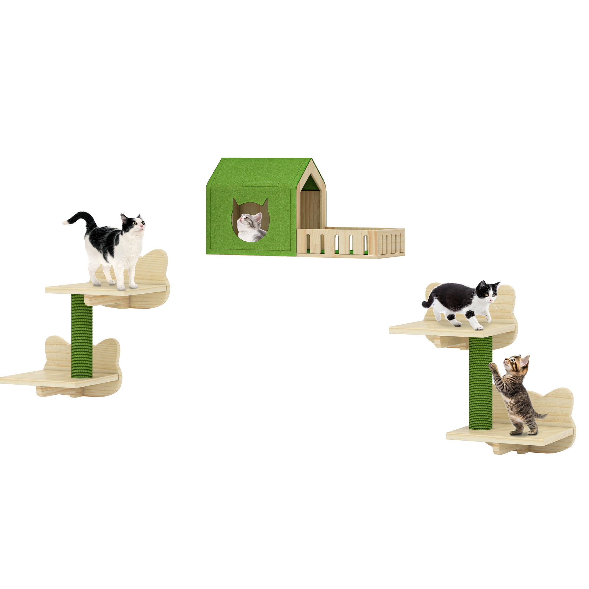 Craftian 7-Piece Solid Wood Wall Mounted Cat Furniture,Cat Wall Shelves and Perches,Cats Climbing Shelves with Wall House and Fence, Steps, Scratching Posts